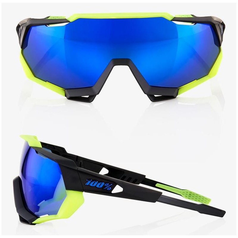 Okulary 100% SPEEDTRAP Soft Tact Black/Neon Yellow - Electric Blue Mirror Lens (Szkła Niebieskie Lustrzane, przepuszczalność świ