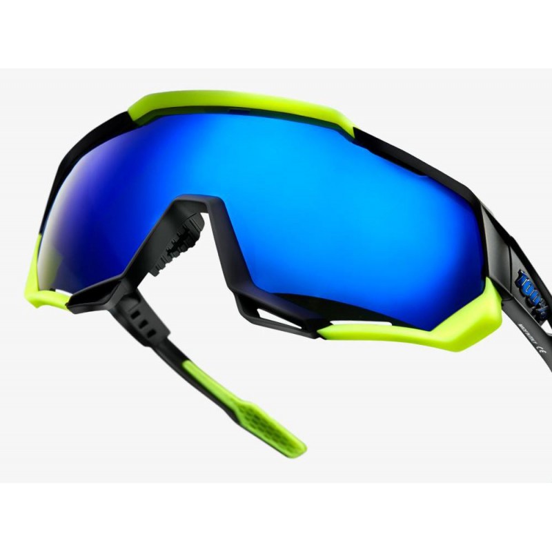 Okulary 100% SPEEDTRAP Soft Tact Black/Neon Yellow - Electric Blue Mirror Lens (Szkła Niebieskie Lustrzane, przepuszczalność świ
