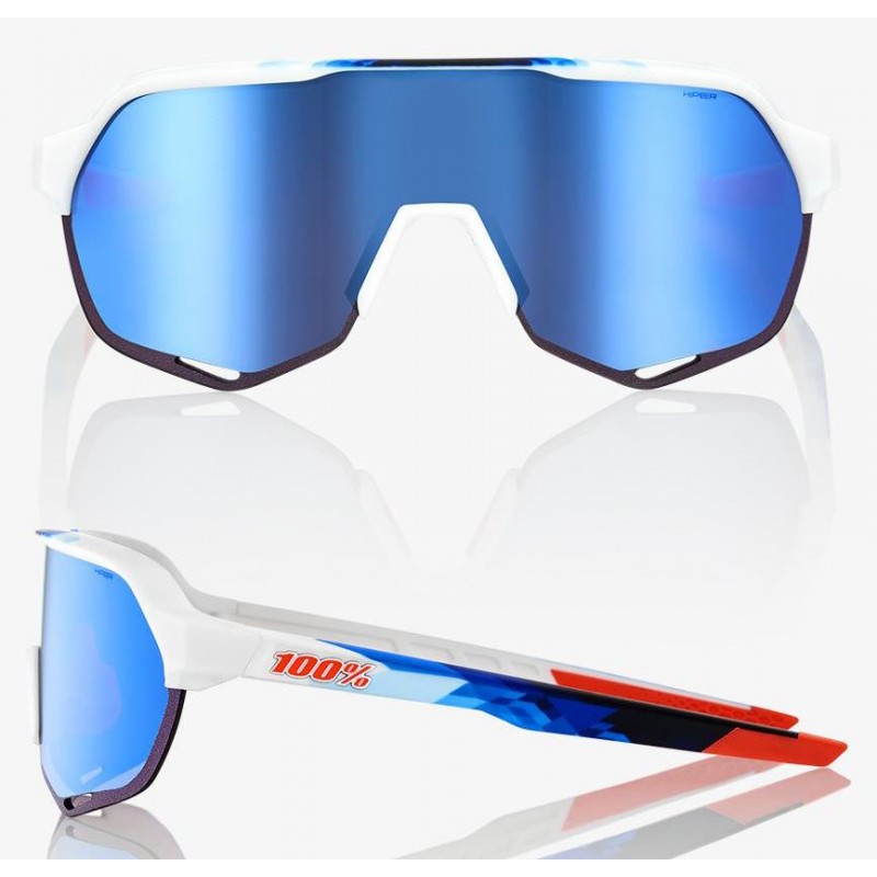 Okulary 100% S2 Matte White/Geo Print - HiPER Blue Multilayer Mirror Lens (Szkła Niebieskie Lustrzane Wielowarstwowe, przepuszcz
